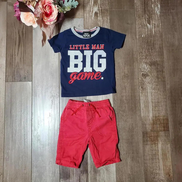 Boys Rock Size 12m Matching Baby Boy Outfit Red Blue Cotton 2 Piece EUC - Picture 1 of 12